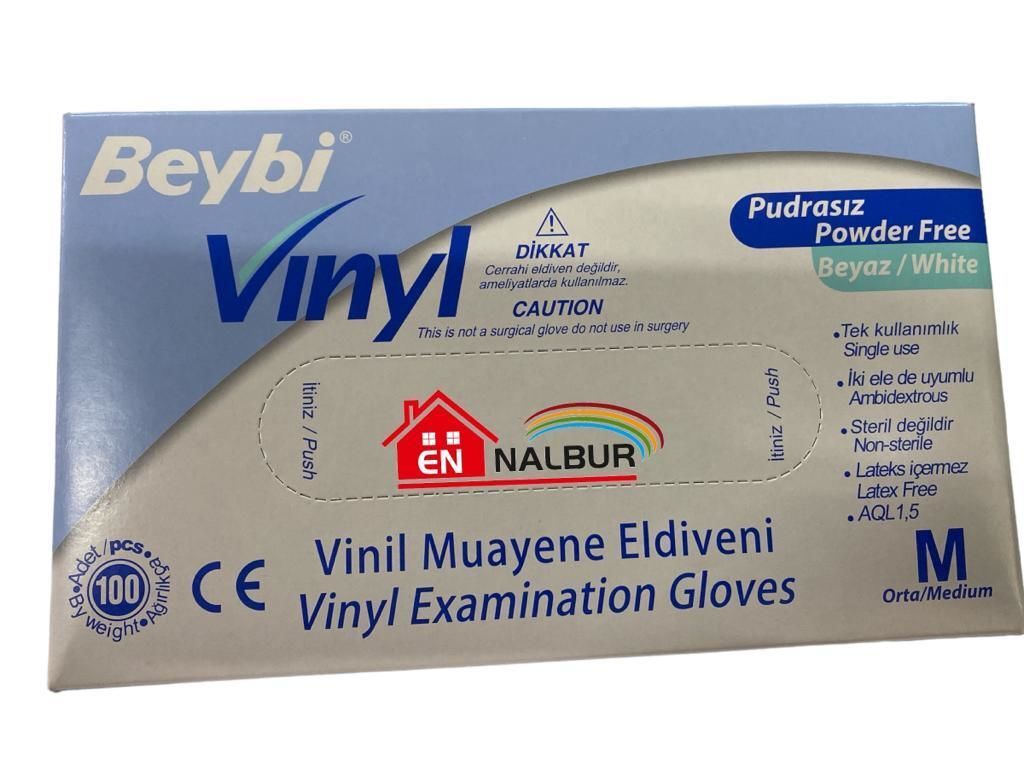 Beybi Vinyl M Vinil Pudrasız Muayene Eldiven 100'lük Kutu